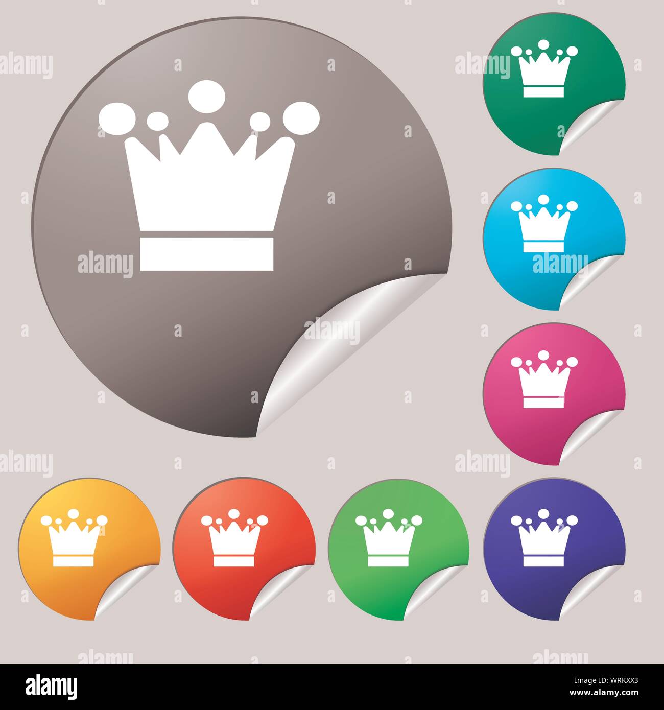 Crown icon sign. Set of eight multi colored round buttons, stickers ...
