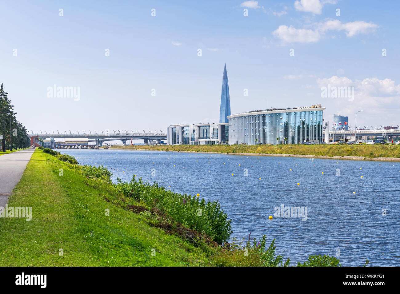 View from the Krestovsky Island (Island of the Cross) at the Grebnoy Canal (Rowing canal) and the Bychiy Island with the Western High-Speed Diameter Stock Photo