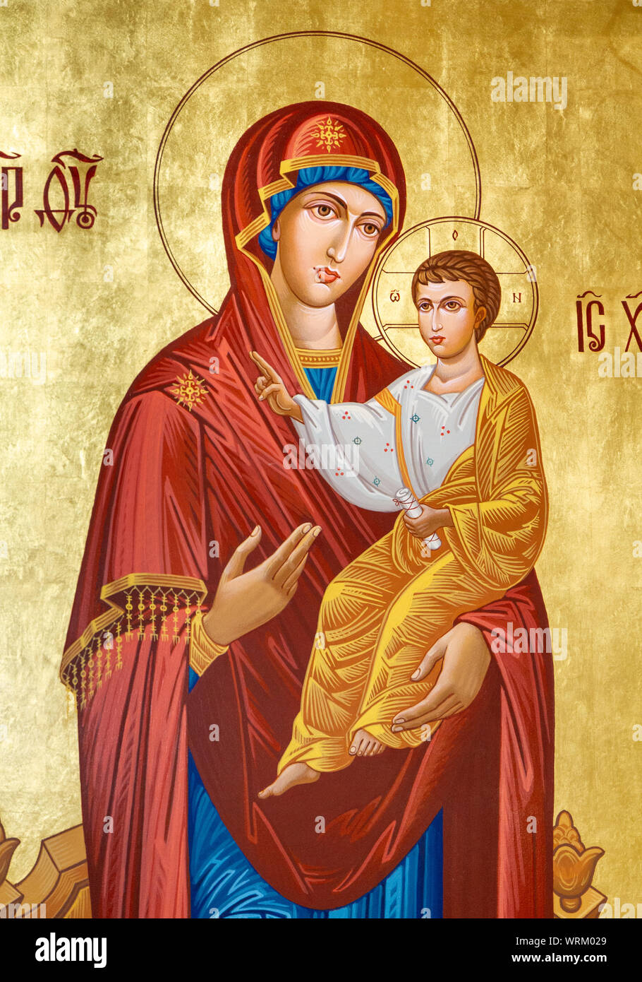 The icon of the Virgin Hodegetria (Our Lady of the Way). Part of the Iconostasis in the Greek Catholic church of Saint Elijah. Stock Photo