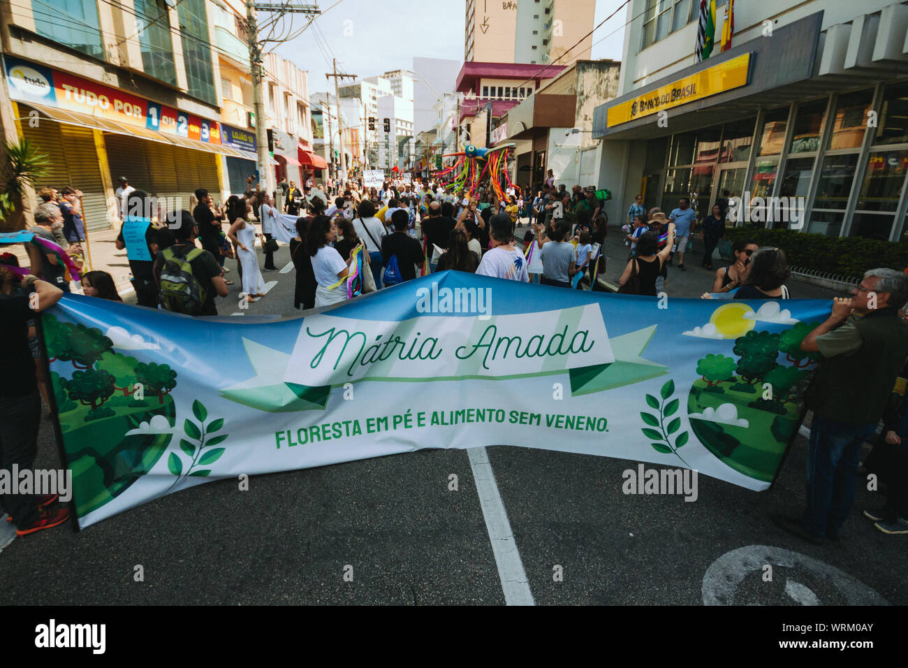 Crowd in the streets with a manifestation banner, in a pro environment walk, protest during the brazilian independence day Stock Photo