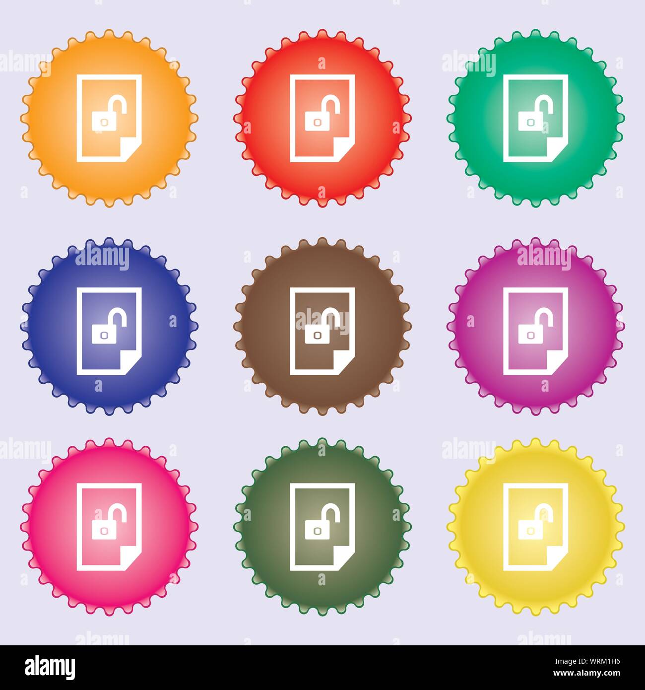 file unlocked icon sign. A set of nine different colored labels. Vector ...