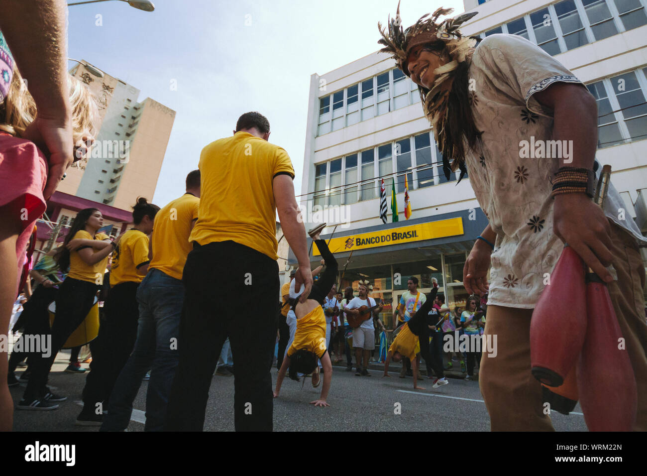 Crowd in the streets with a indigenous protester in a pro environment walk, protest during the brazilian independence day Stock Photo