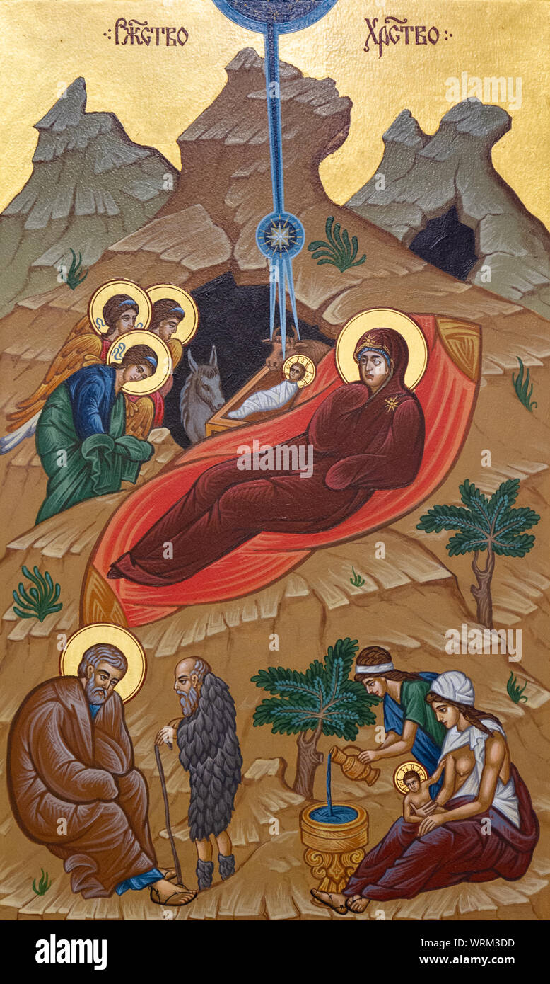 The Nativity Icon – the Icon of the Birth of Jesus. The church of Saint Elijah. Stock Photo