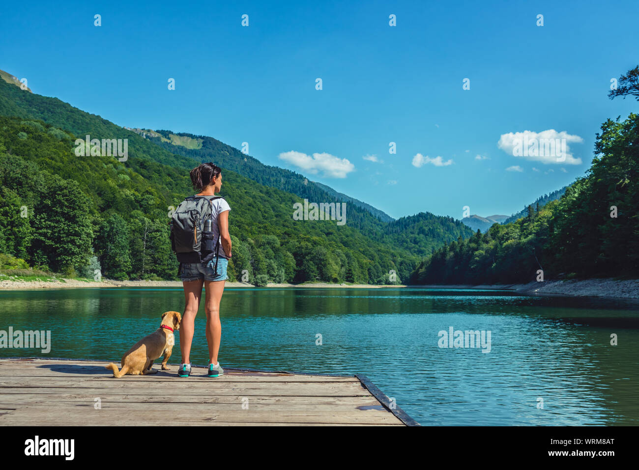 Woman with a small yellow dog standing on a pier and looking at mountains and lake Stock Photo