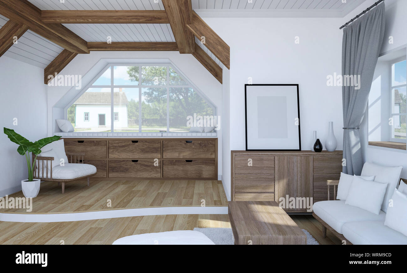 White Living Room Interior With Wooden Furniture And Split Level