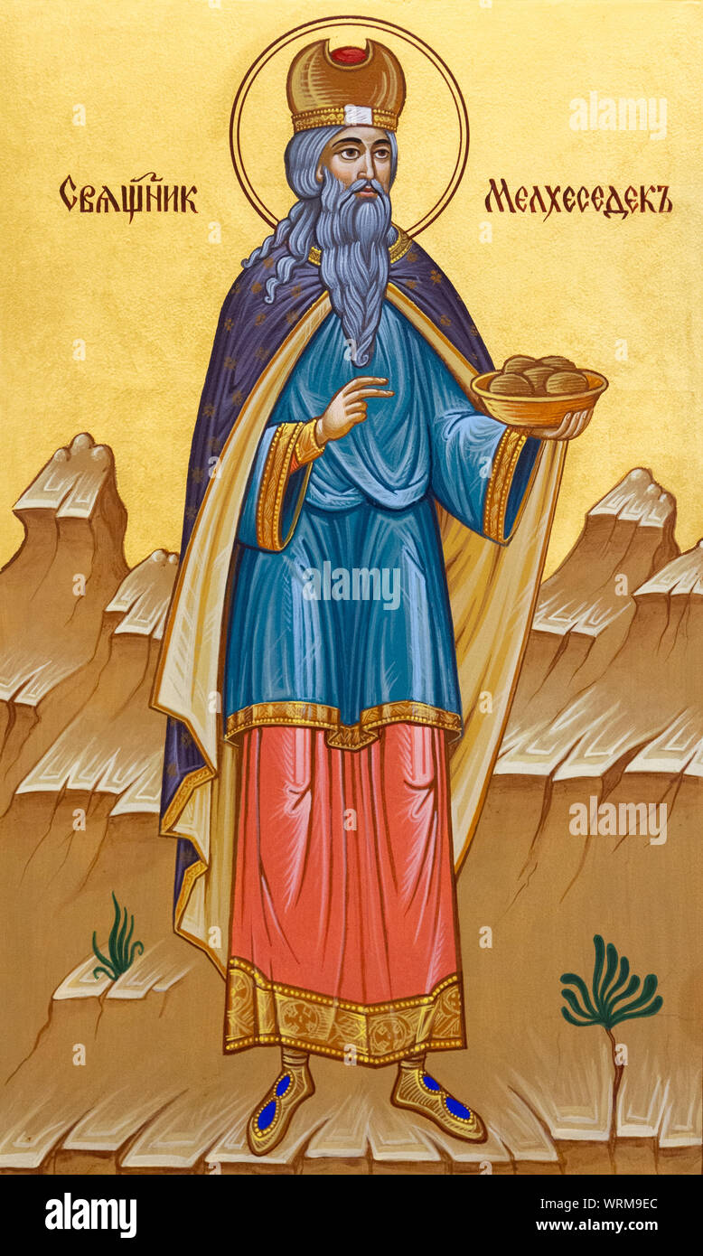 The icon of Melchizedek, (Melchisedech, Melkisetek, or Malki Tzedek), the king of Salem and priest of El Elyon (most high God). Church of Saint Elijah Stock Photo