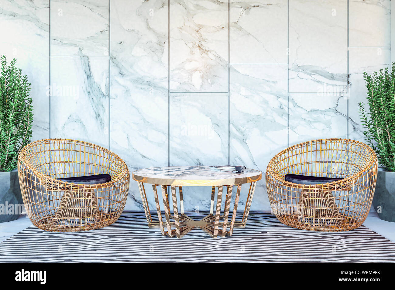 Interior of modern hotel lobby area and reception desk, 3D Rendering ...