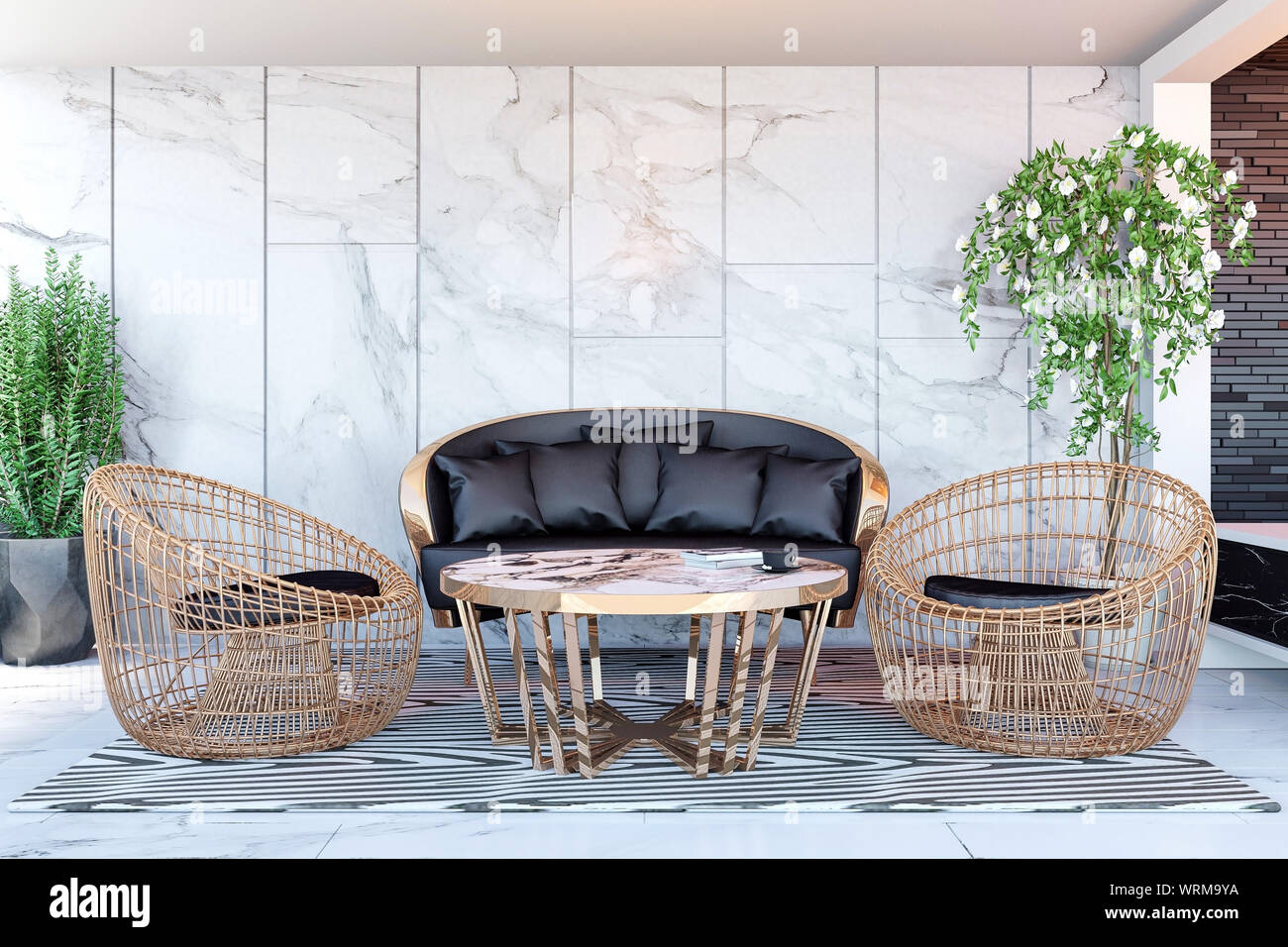 Interior of modern hotel lobby area and reception desk, 3D Rendering ...