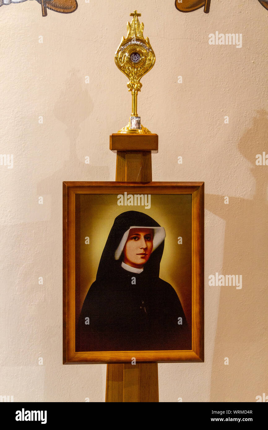 A reliquary containing the relics (physical remains) of Saint Faustina (Faustyna) Kowalska, the Secretary of Divine Mercy. The church of Saint Elijah. Stock Photo