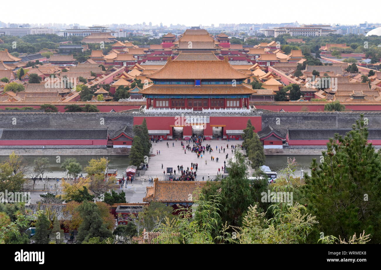 Forbidden City palace aerial view from Jingshan hill park in downtown Beijing with Tiananmen square in the back, China Stock Photo