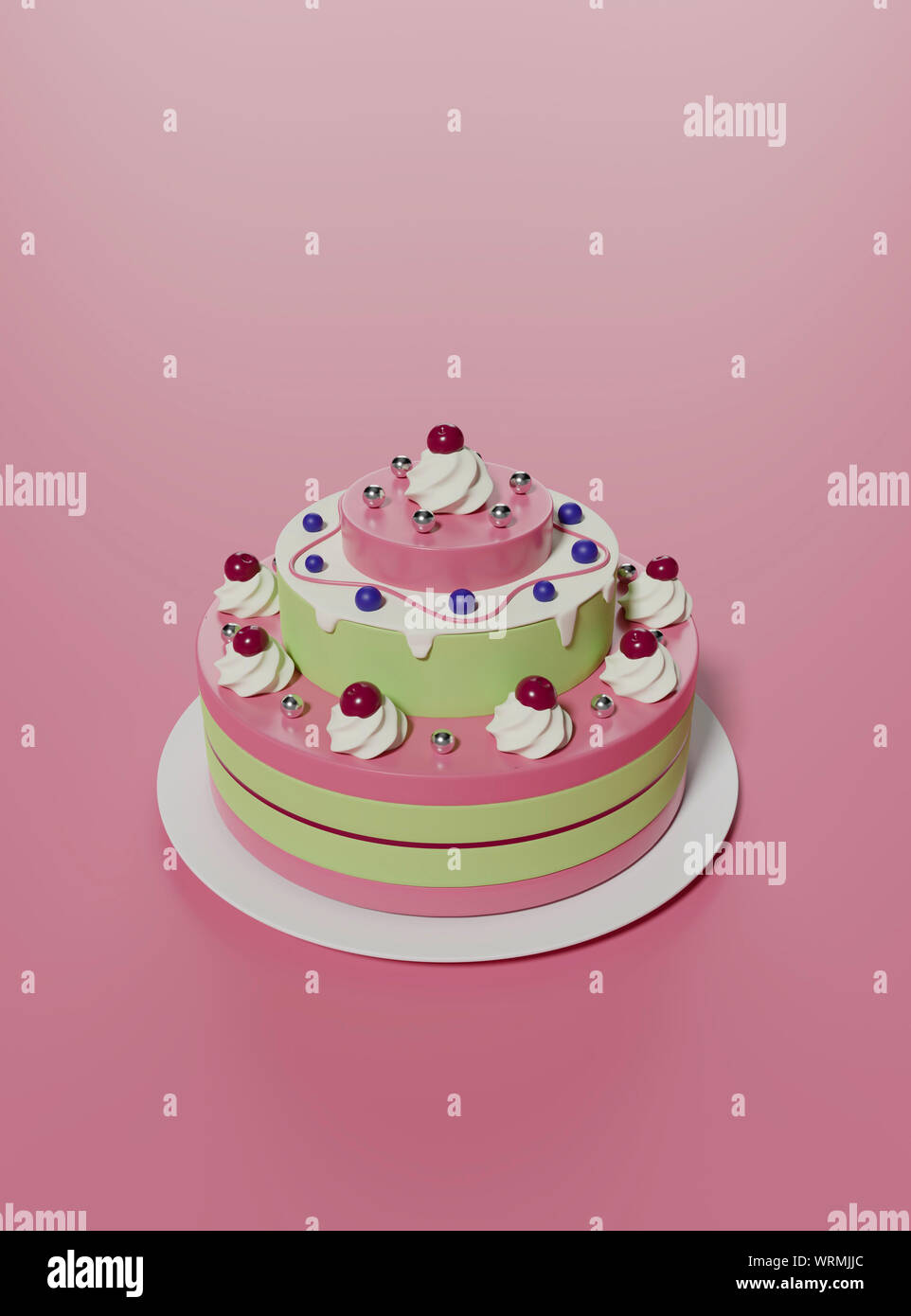 Glossy pink glazed birthday cake for celebration. On pink background. 3D  illustration Stock Photo - Alamy