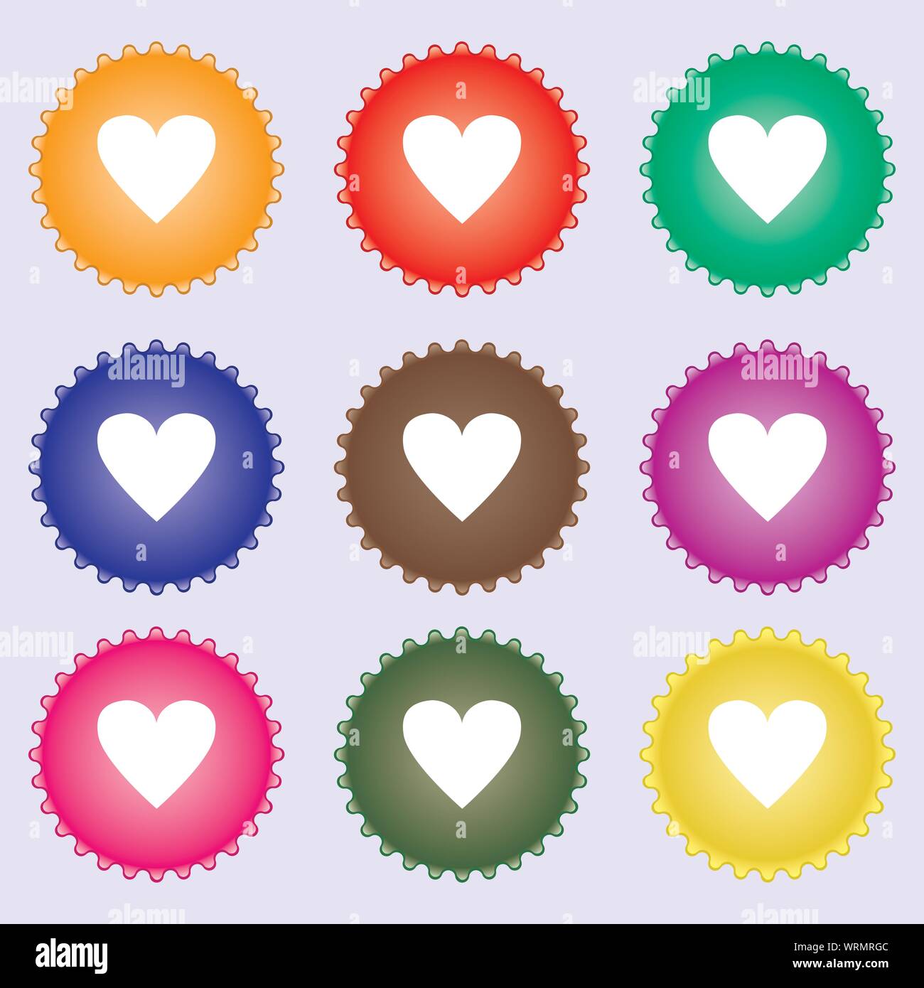 Heart sign icon. Love symbol. A set of nine different colored labels ...