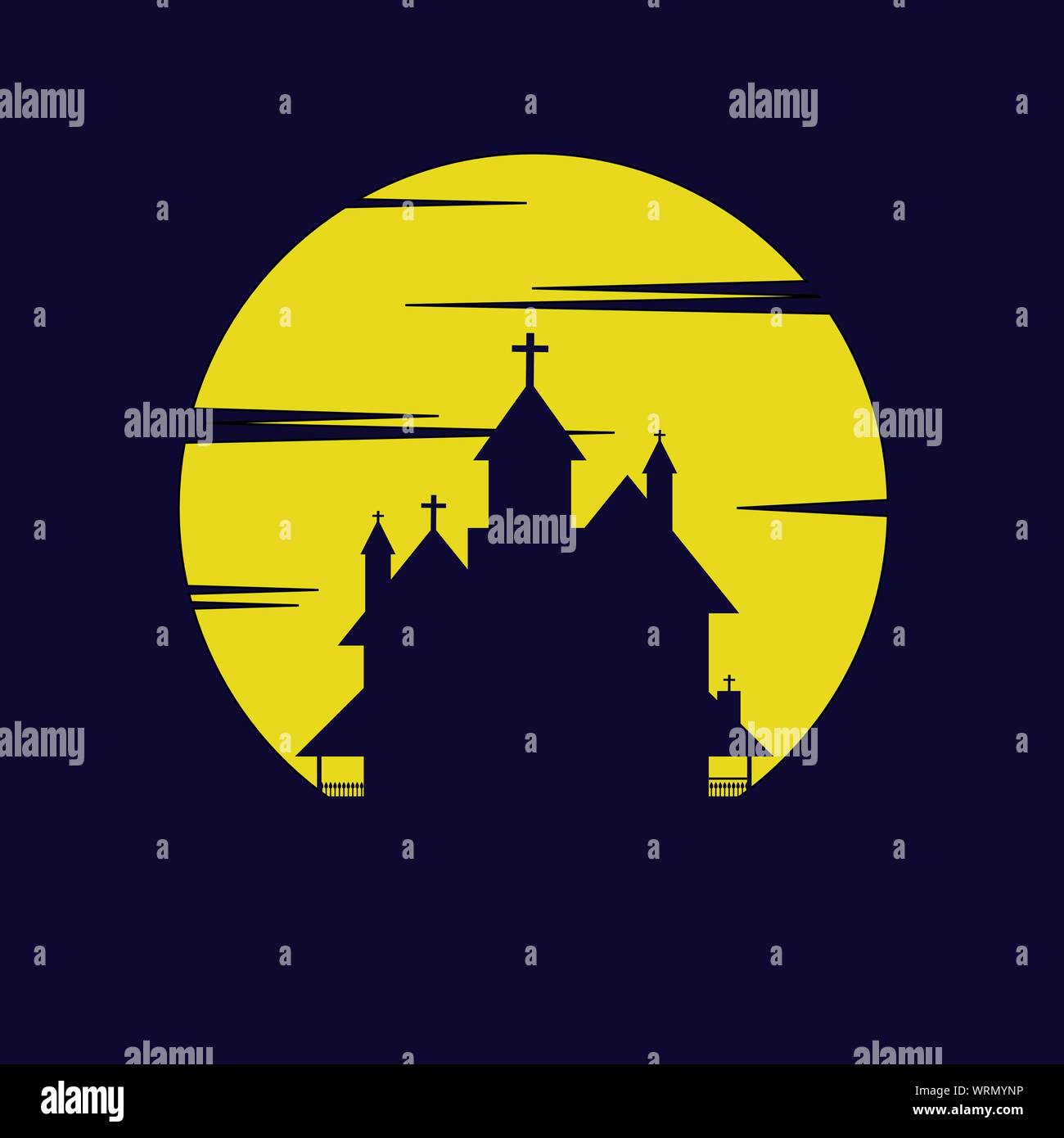 Yellow big moon silhouette with old castle for halloween background Stock Vector