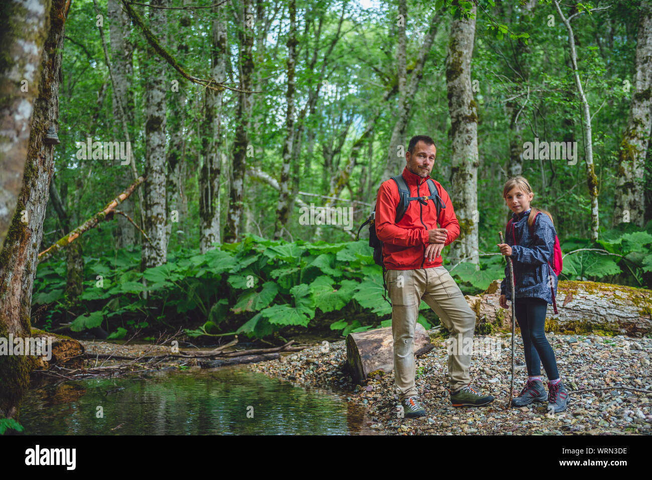 Father and daughter hiking in forest and posing by the small mountain stream Stock Photo