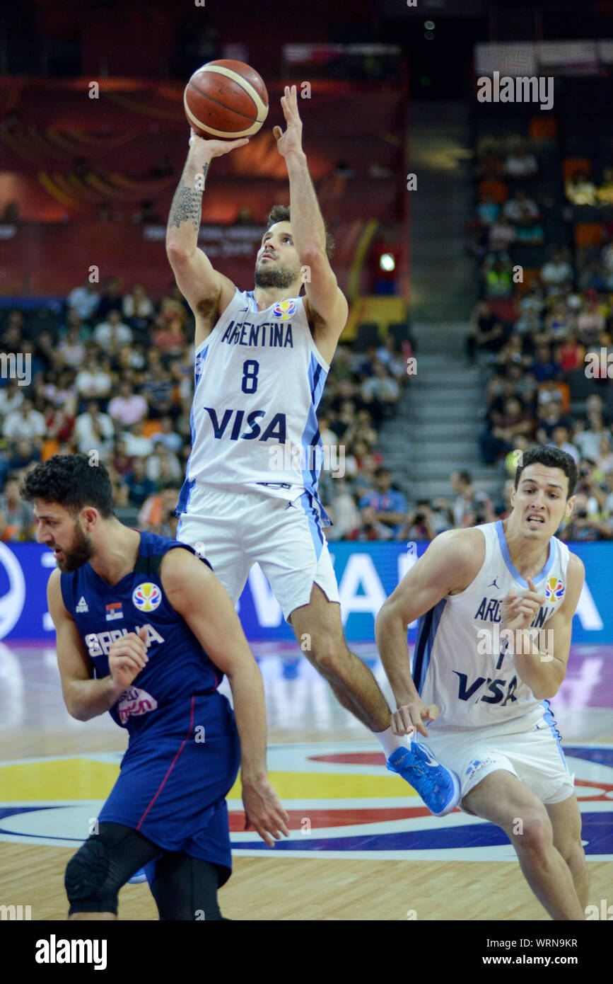 Nicolas Laprovittola (Argentina) scoring against Serbia. FIBA Basketball World Cup China 2019, Quarter Finals Stock Photo