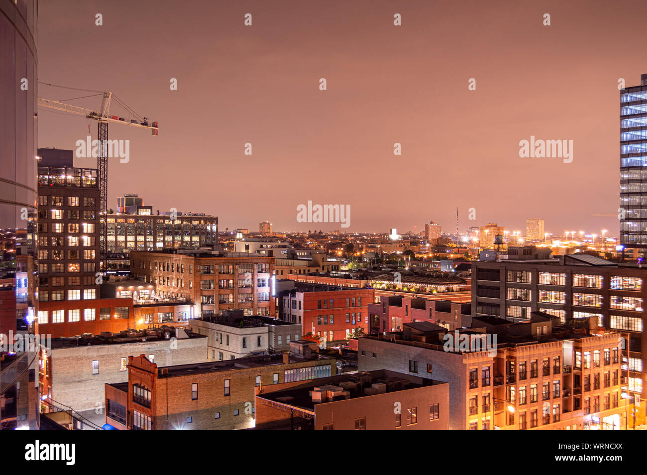 Fulton Market, Chicago-September 1, 2019: A roof top view of the city at night. Stock Photo