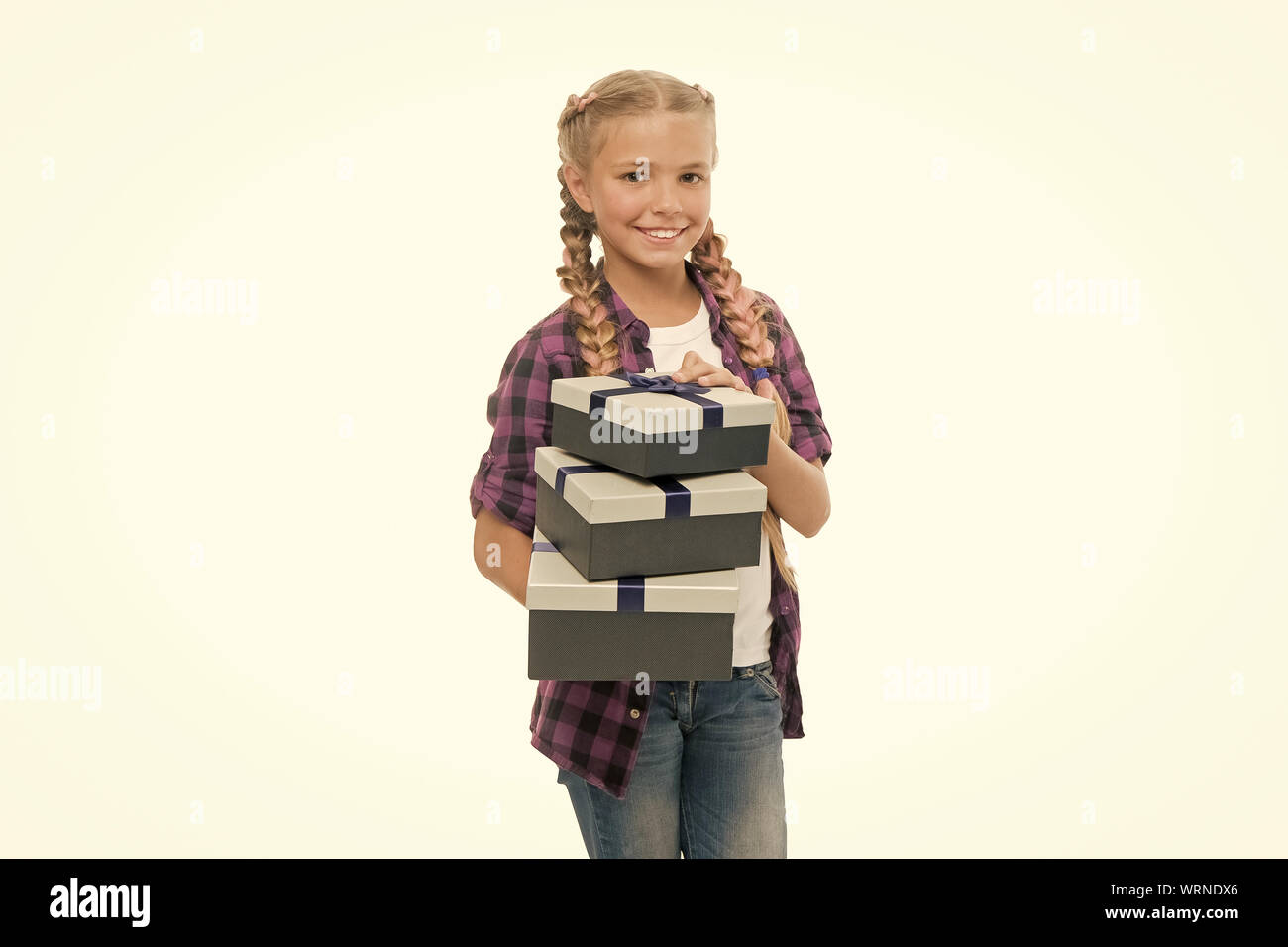 Child Excited About Unpacking Gifts Small Girl Received Birthday