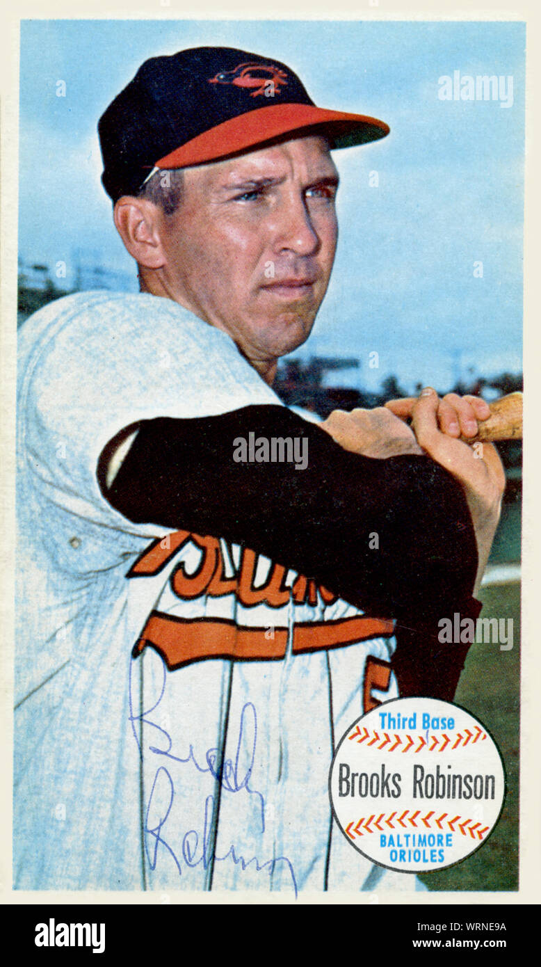 Autographed 1960's era baseball card of Hall of fame player Brooks Robinson with the Baltimore Orioles. Stock Photo