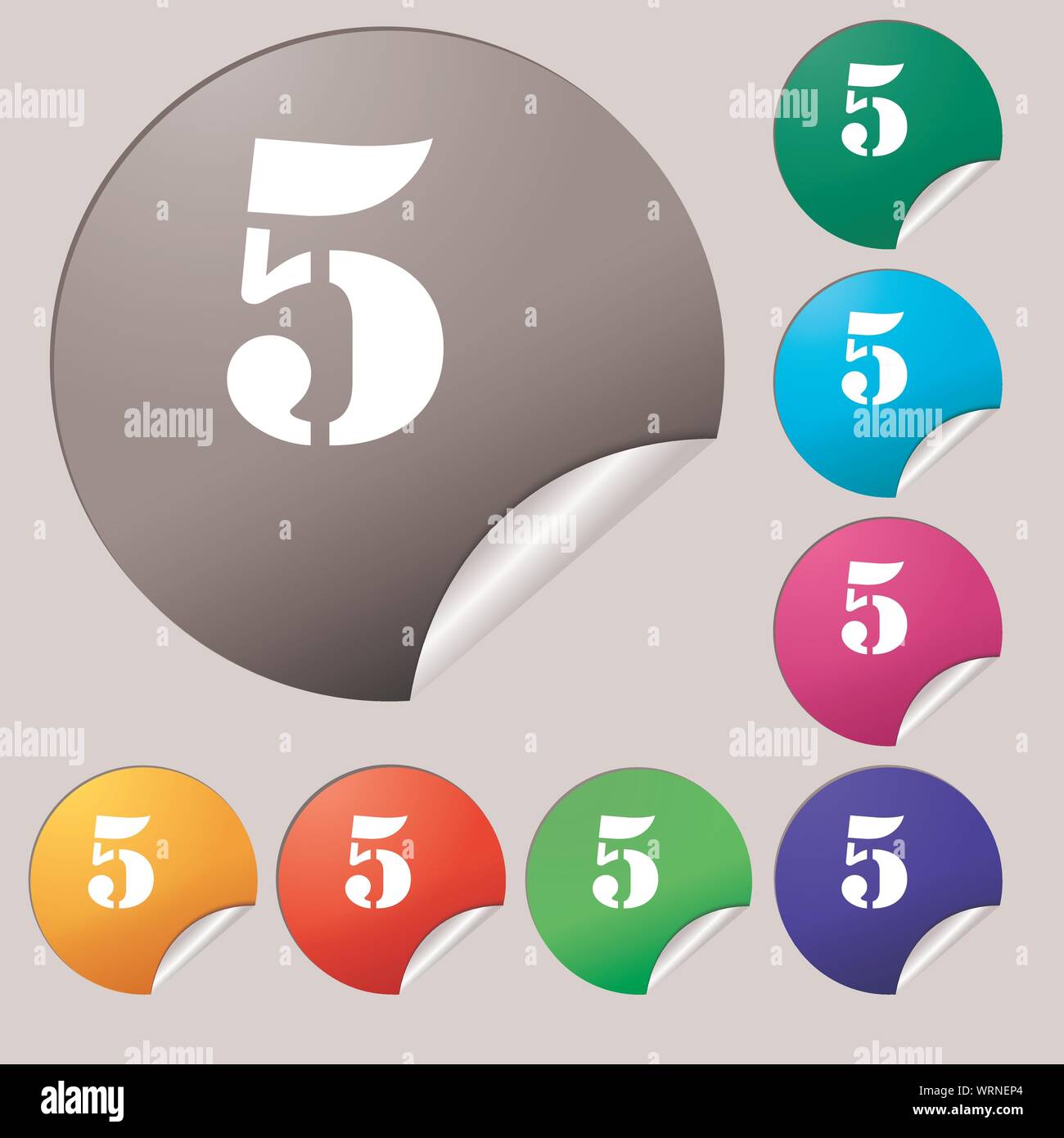 number five icon sign. Set of eight multi colored round buttons ...