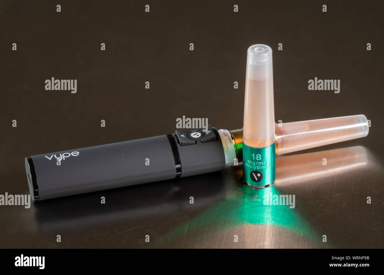 Vype vaping e-cigarette with charger and nicotine pod Stock Photo