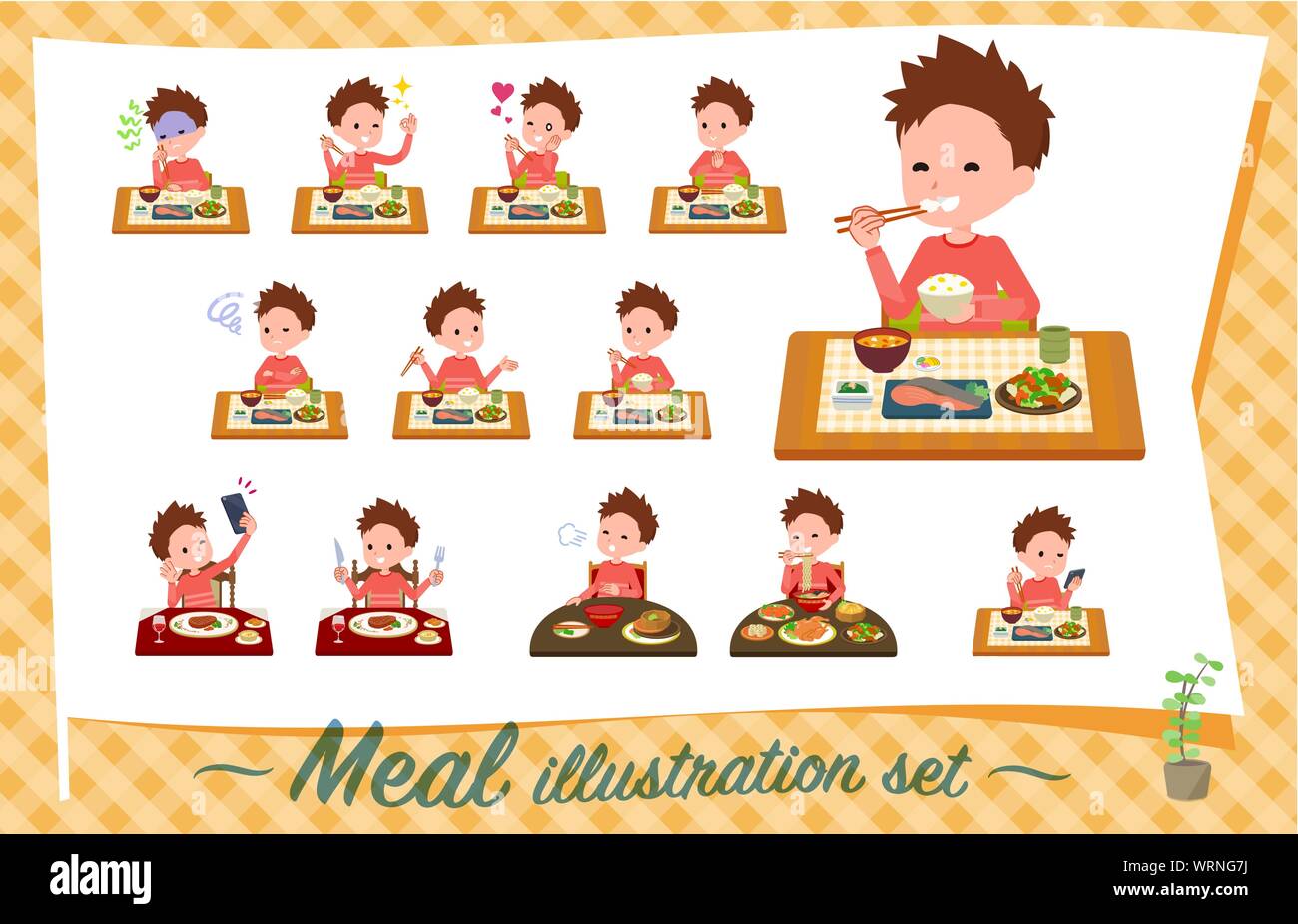 A set of boy about meals.Japanese and Chinese cuisine, Western style dishes and so on.It's vector art so it's easy to edit. Stock Vector