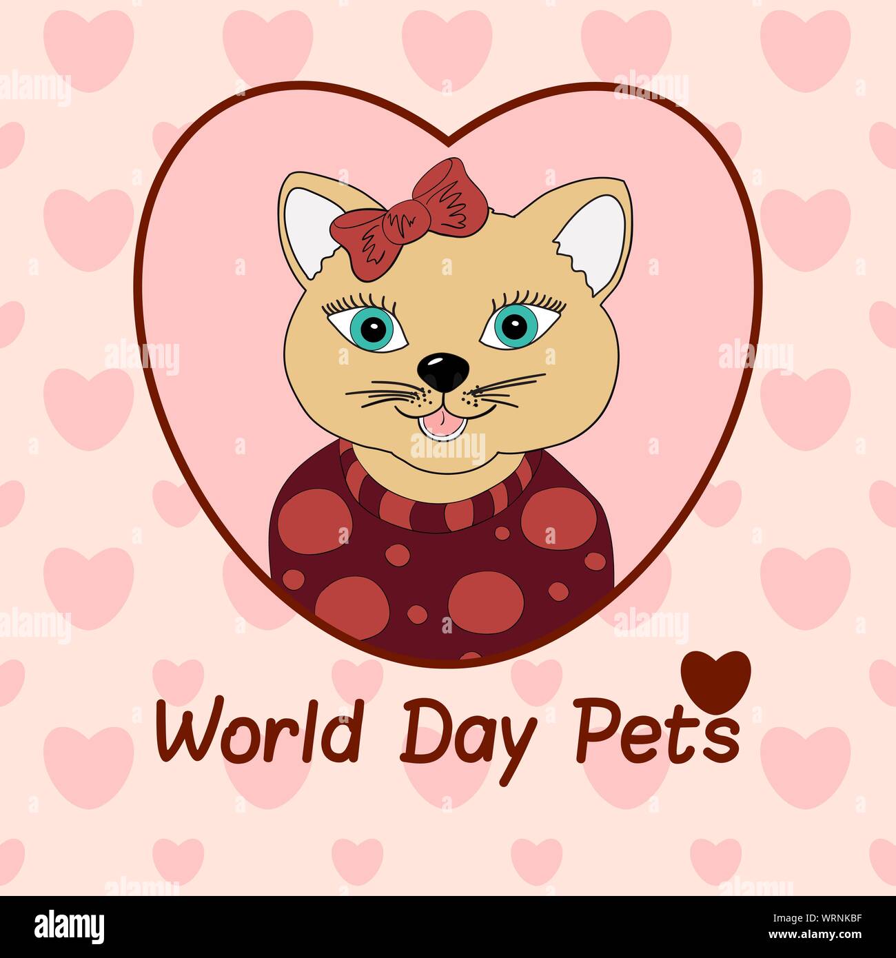 World Day Pets. A cat with a brown bow. Print for clothing, postcards ...