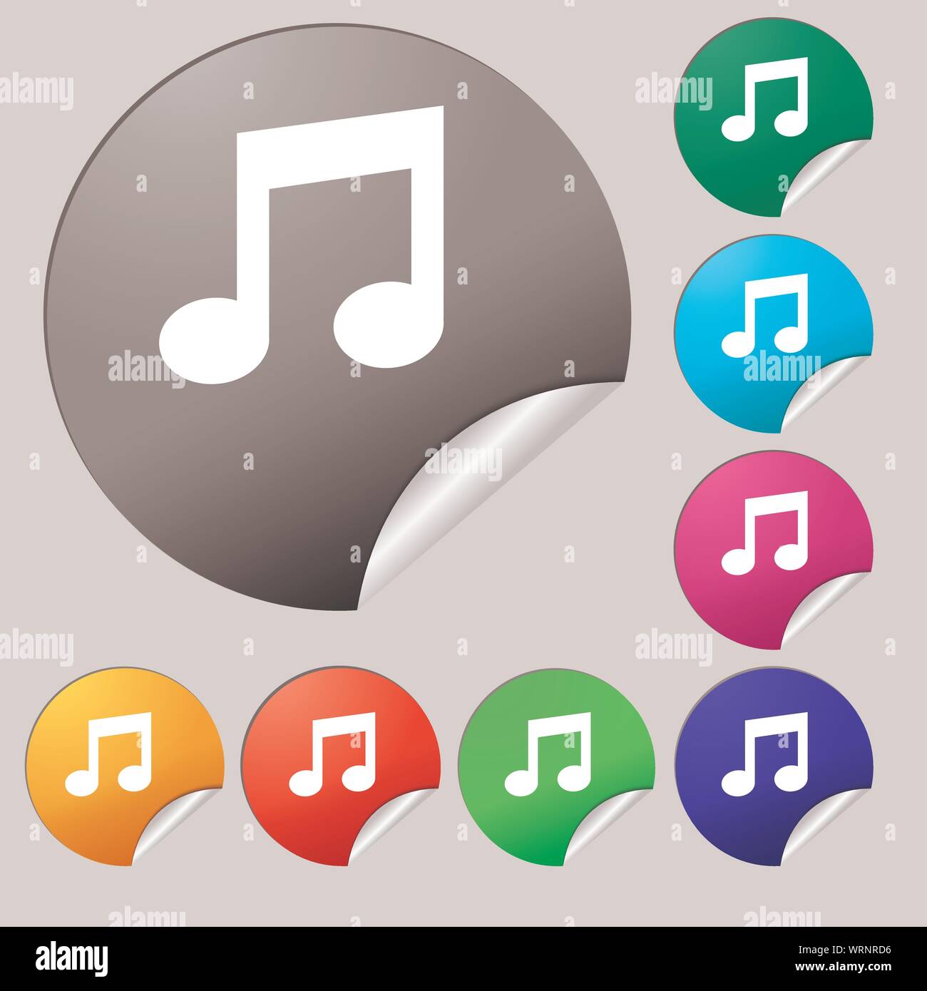 Music note sign icon. Musical symbol. Set of eight multi colored round ...