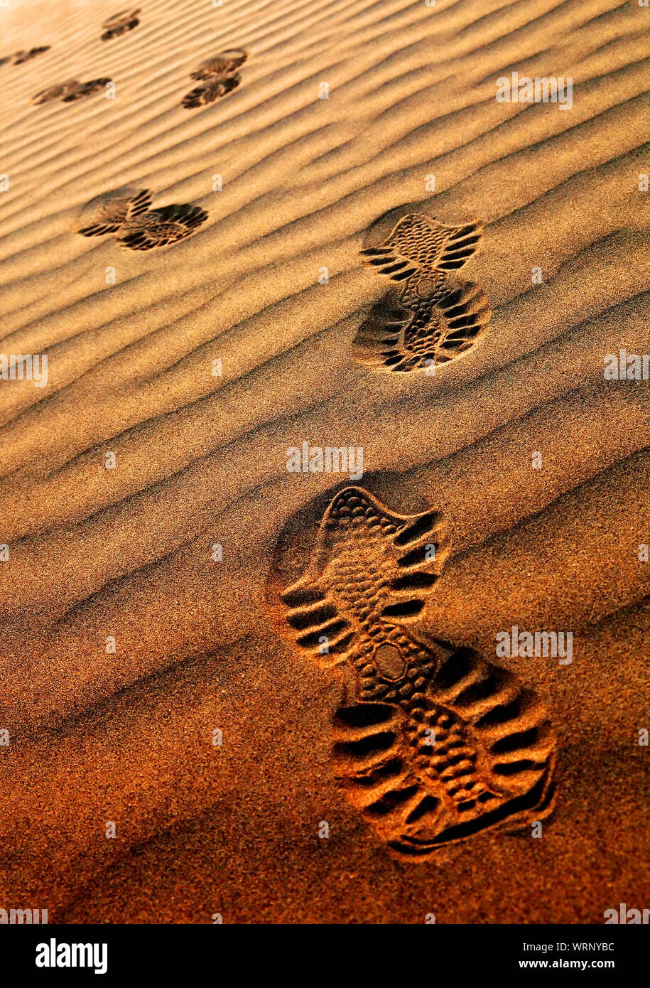 Close-up Of Footprints On Rippled Sand Stock Photo