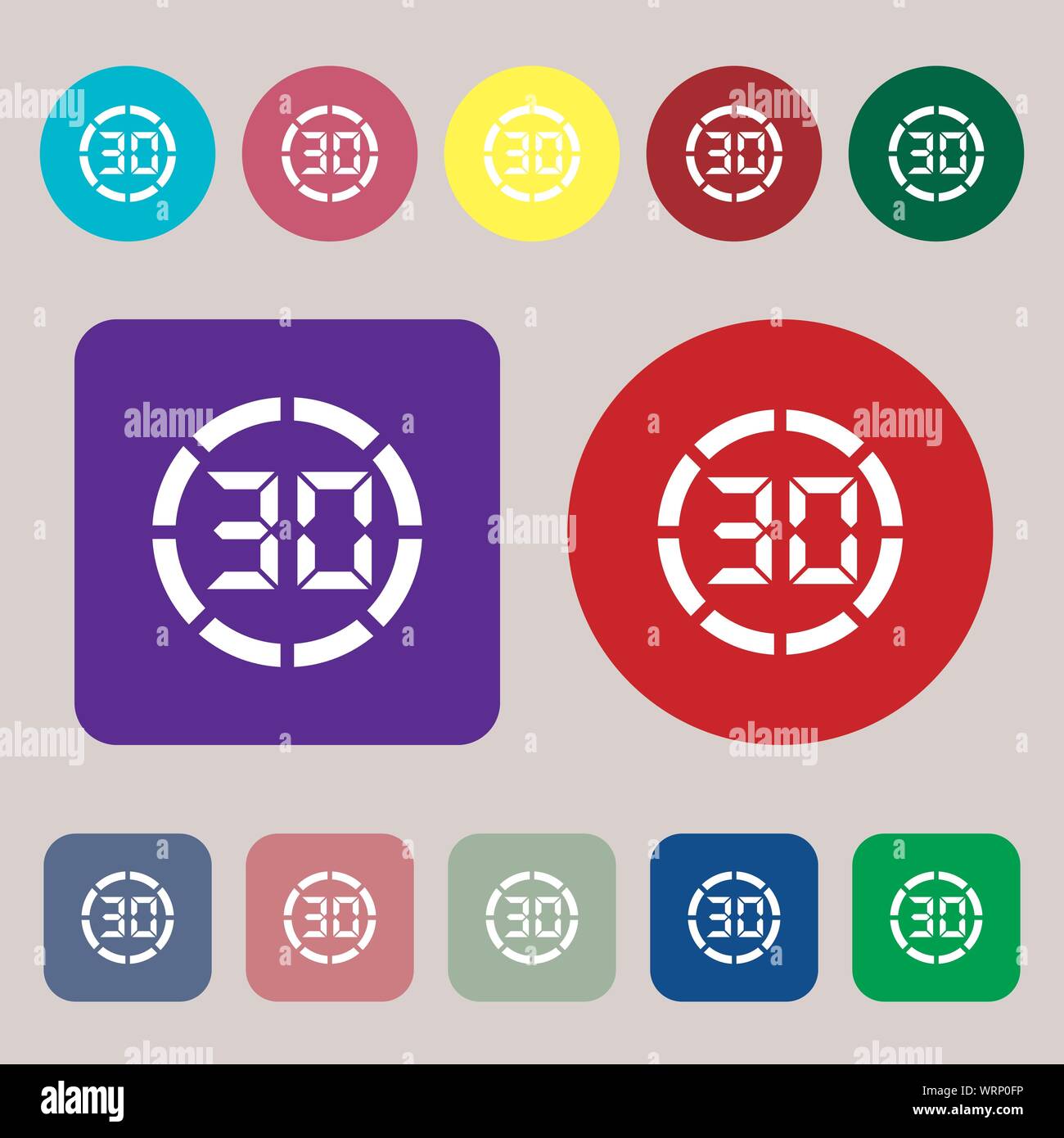 30 second stopwatch icon sign. 12 colored buttons. Flat design. Vector