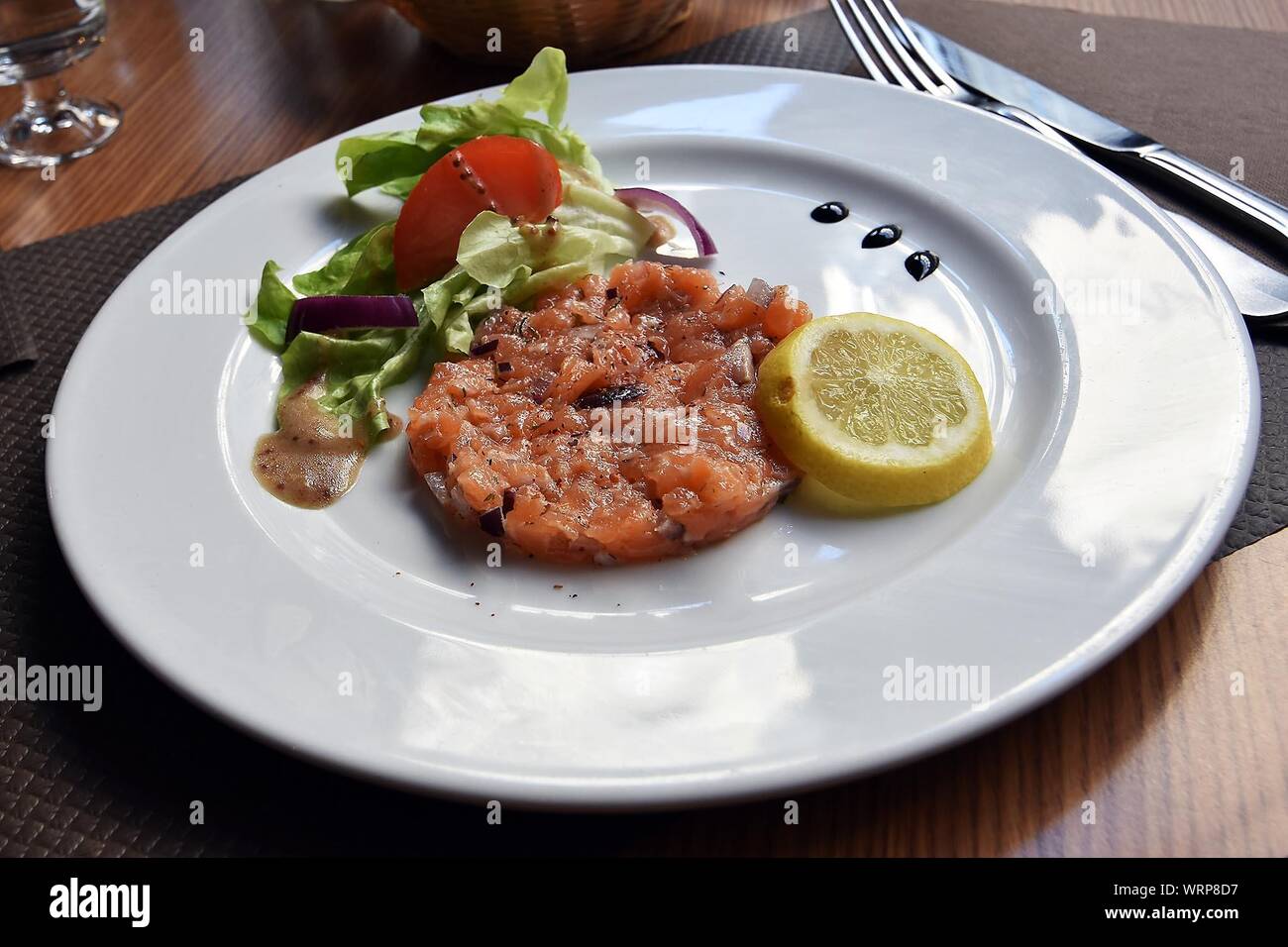 High Angle View Of French Food Served In Plate On Table Stock Photo