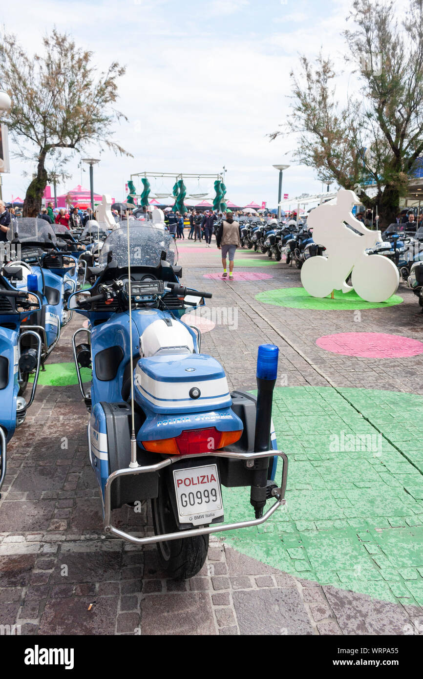 Police motorcycles lied up ready for escort duties before stage nine of the 2019 Giro d'Italia. Riccione, Italy Stock Photo