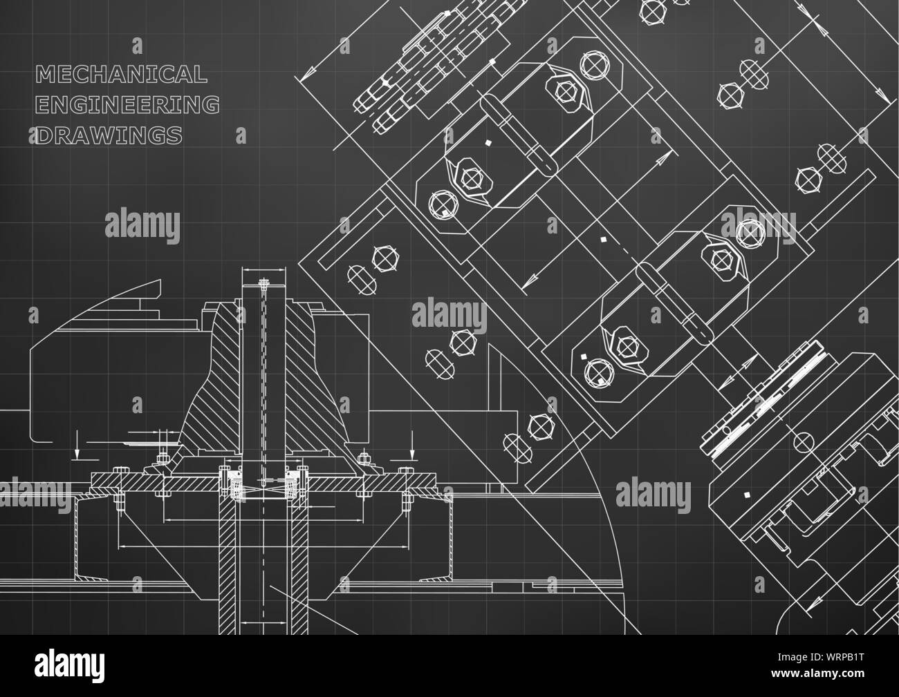 Blueprints. Mechanical construction. Technical Design. Engineering Cover. Banner. Black. Grid Stock Vector