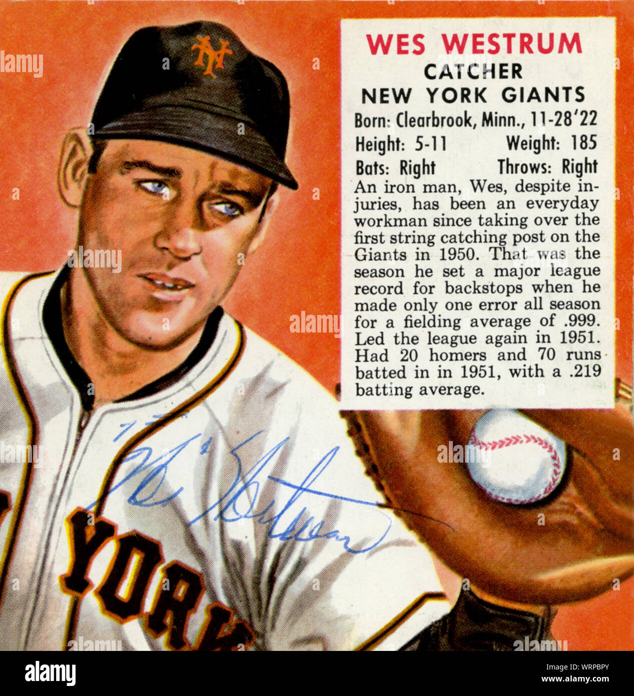 1950s era autographed baseball card depicting Wes Westrum a catcher with the New York Giants. Stock Photo