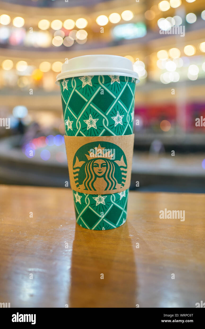 MOSCOW, RUSSIA - CIRCA OCTOBER, 2018: Starbucks paper cup on a table at ...