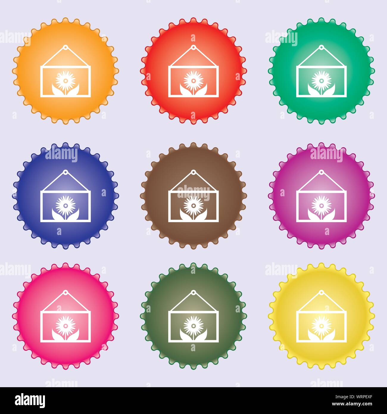 Frame with flower icon sign. A set of nine different colored labels ...