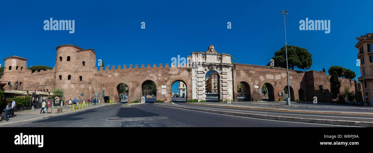 ROME, ITALY - APRIL, 2018: Panoramic view of the Porta San Giovanni and the Aurelian Wall in Rome Stock Photo