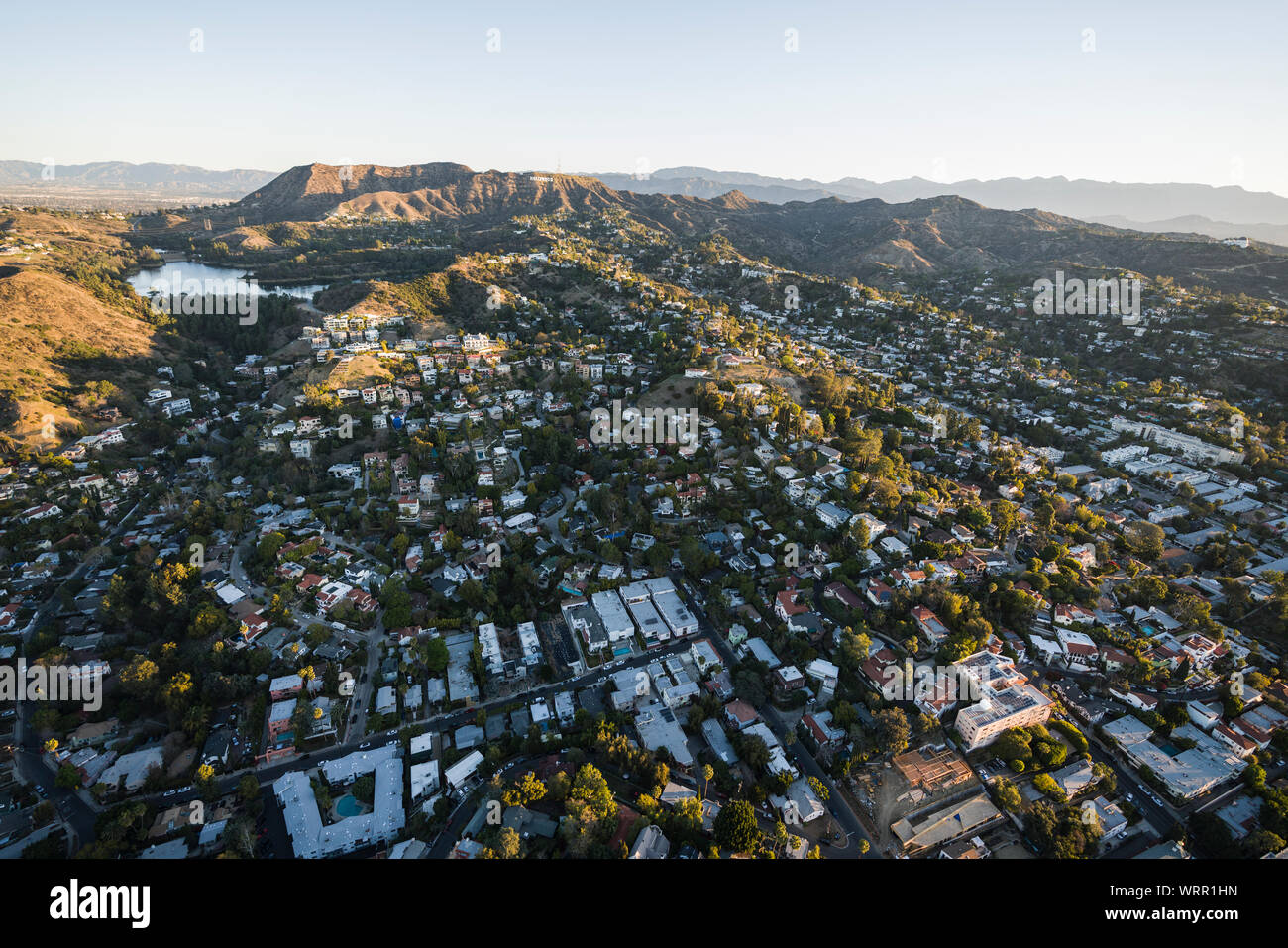 Early morning aerial cityscape view of Hollywood area hillside homes in Los Angeles, California. Stock Photo