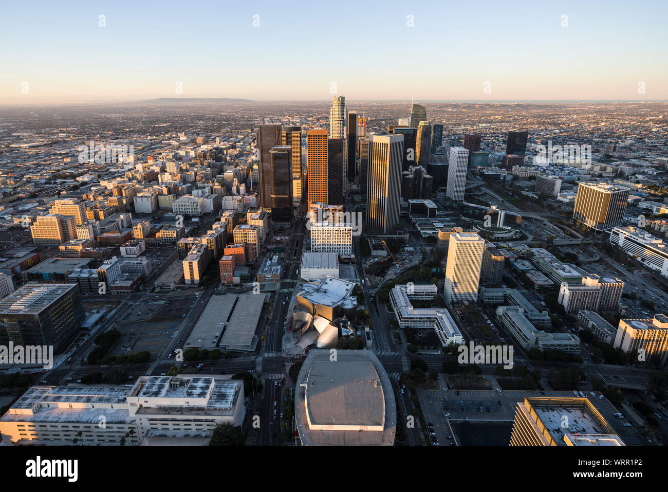 Urban downtown skyline sunrise aerial view of Los Angeles, California. Stock Photo