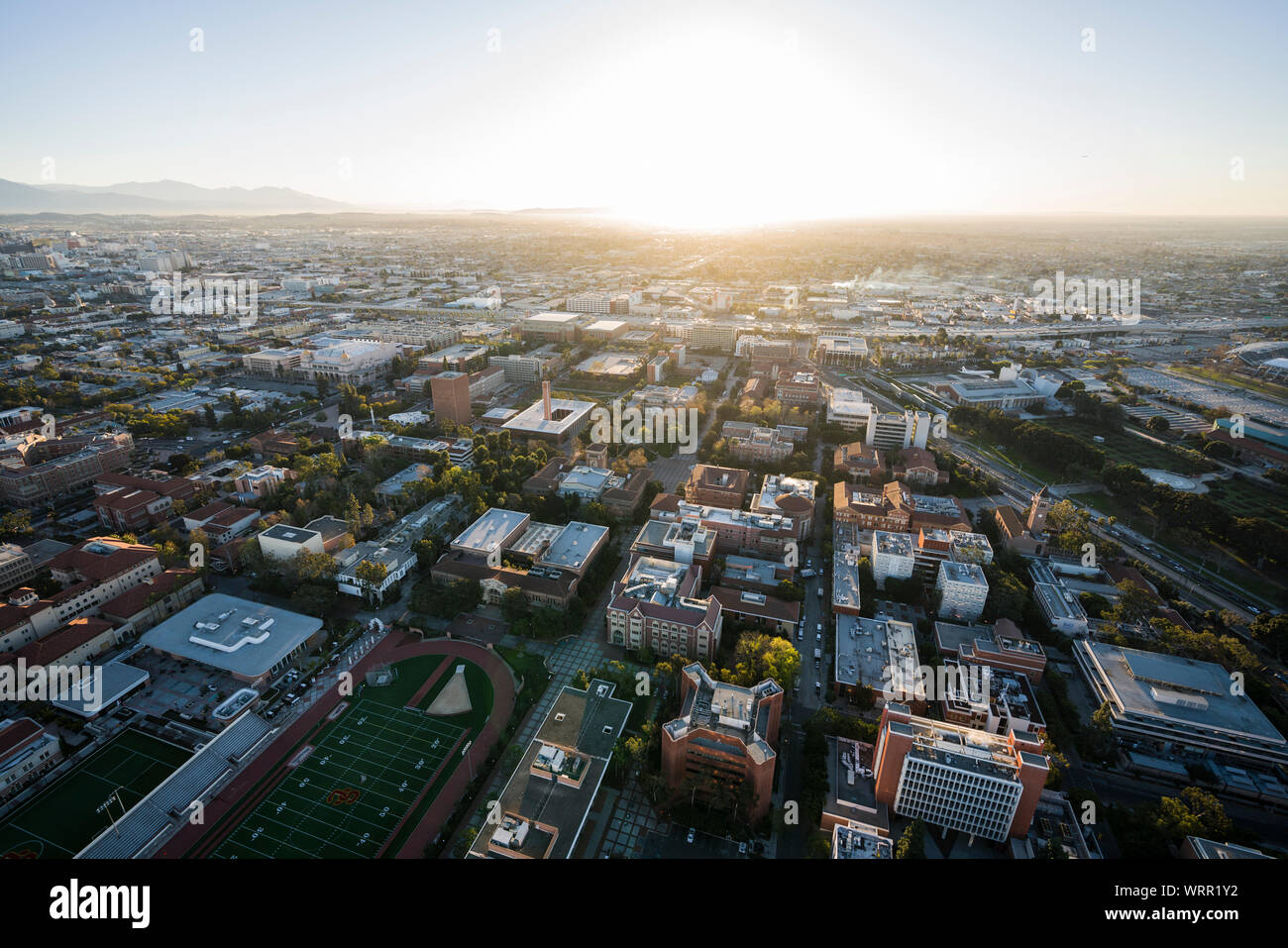 Los Angeles, California, USA - February 20, 2018:  Sunny aerial dawn view of the University of Southern California campus near downtown LA. Stock Photo