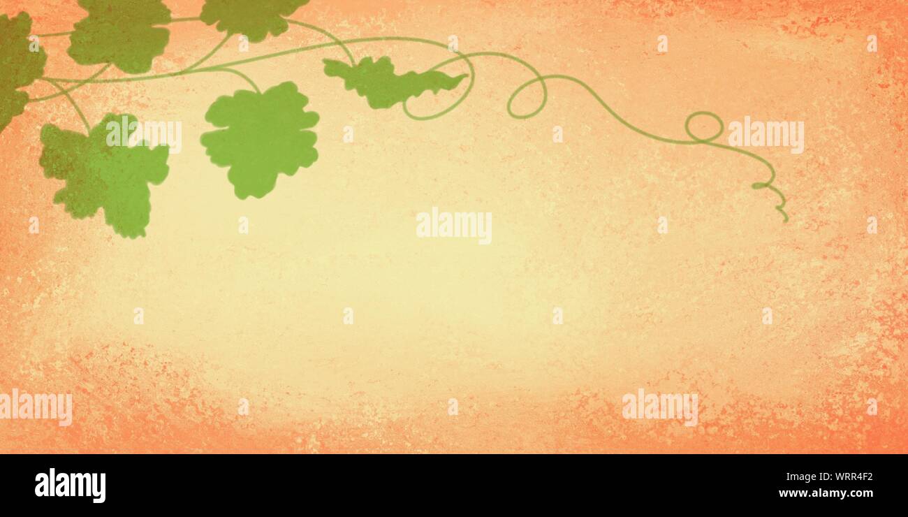 Pumpkin vine leaves and curls in green on orange autumn background with texture, fall or harvest festival party design Stock Photo