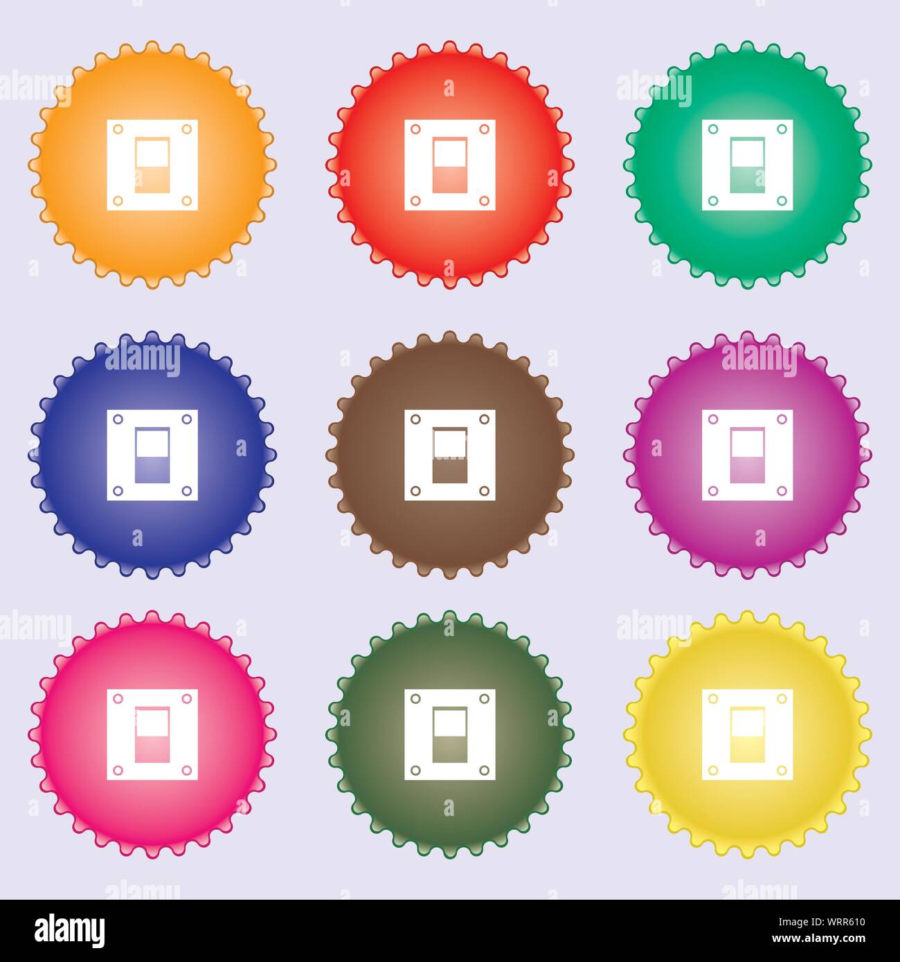 Power switch icon sign. A set of nine different colored labels. Vector ...
