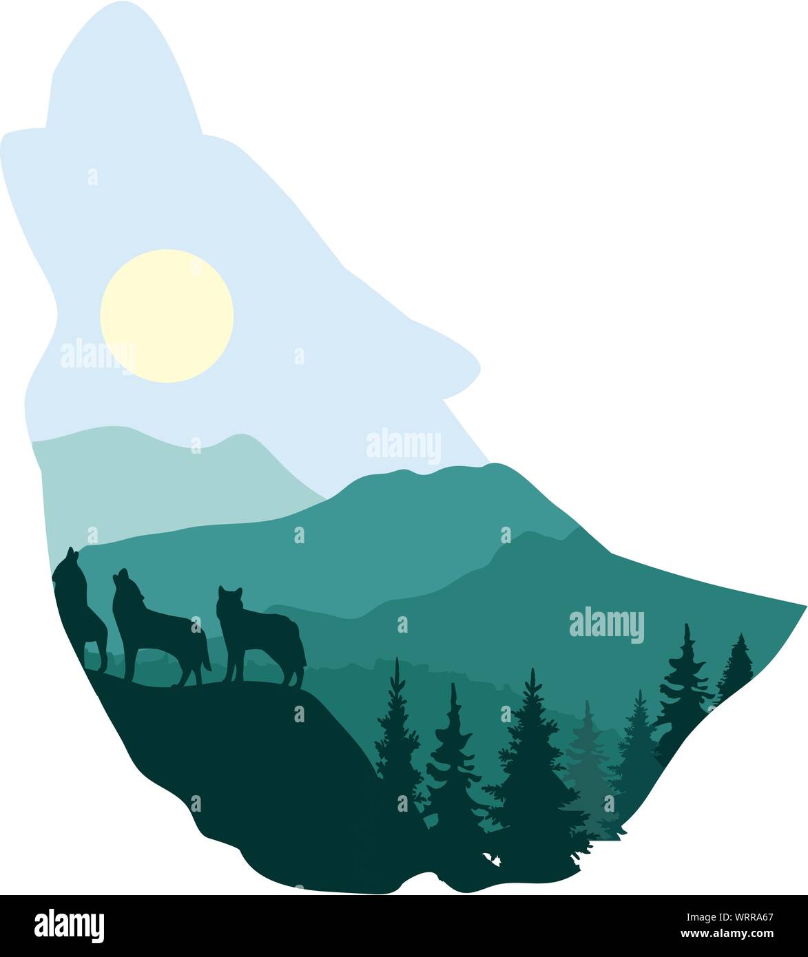 vector illustration of a wolf head silhouette. abstract forest, mountains background. wilderness background. Stock Vector
