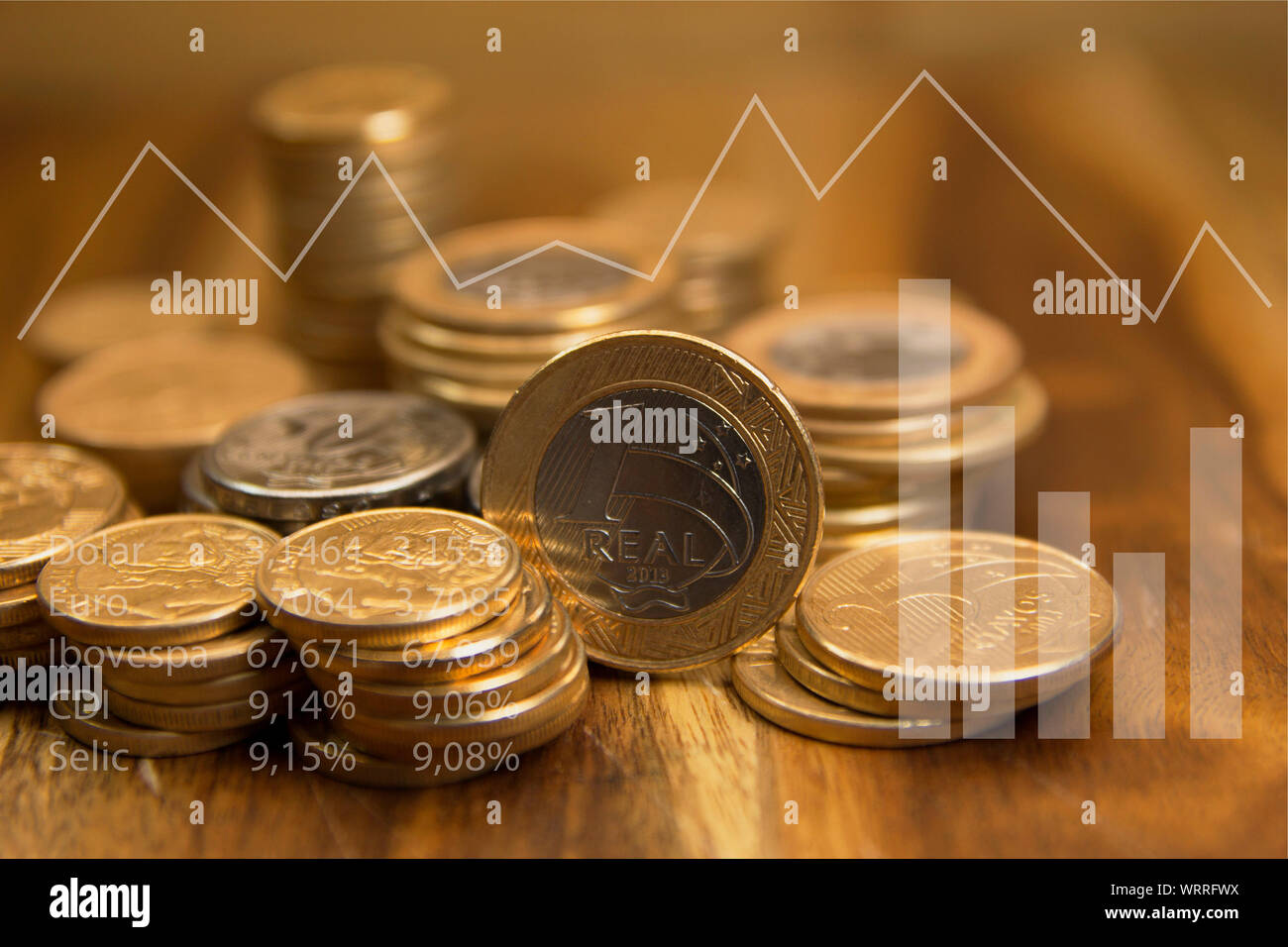 Brazilian coins and graphics. Economic indicators. Selective focus. Stock Photo