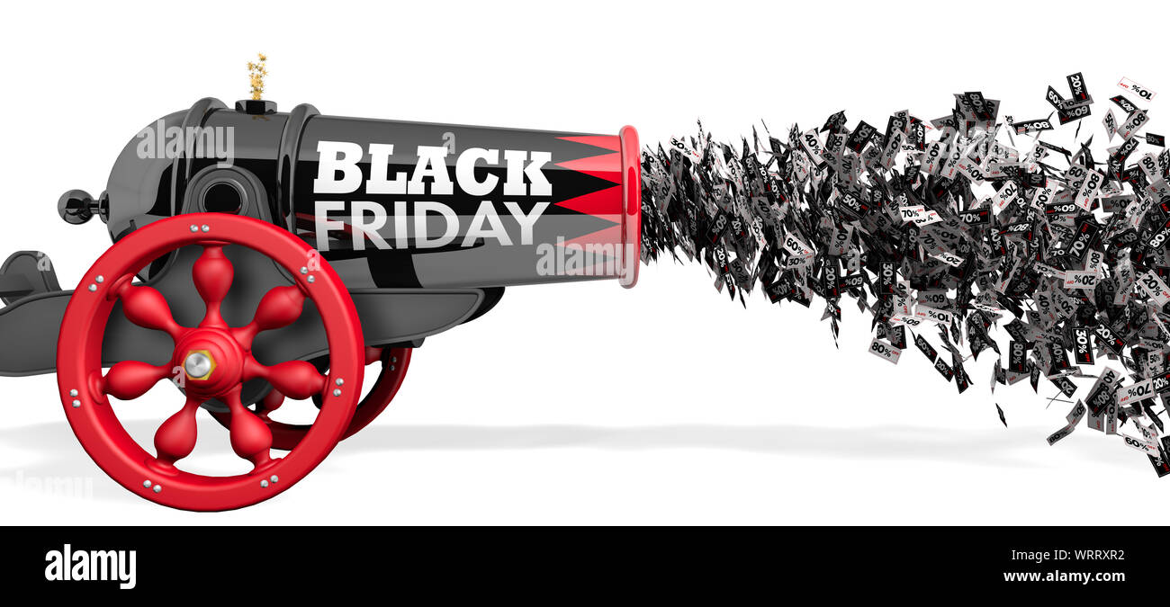 Old black and red cannon with the words BLACK FRIDAY firing a jet of discount paper coupons from 10 to 80 percent in black on a white background Stock Photo