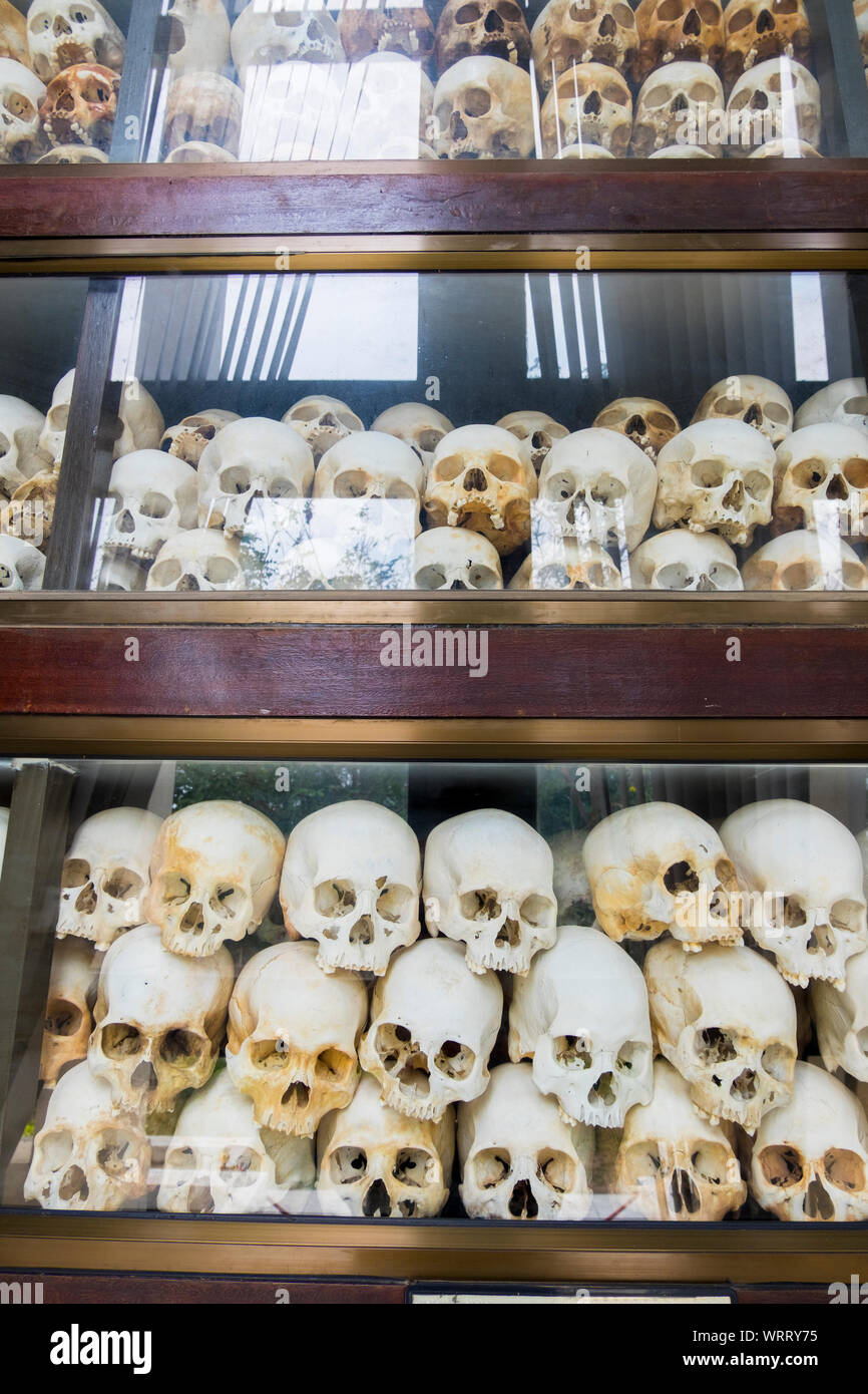 Detail of the main memorial Buddhist stupa made of glass and filled with victim's bones at the Choeung Ek Genocidal Center, outiside Phnom Penh, Cambo Stock Photo