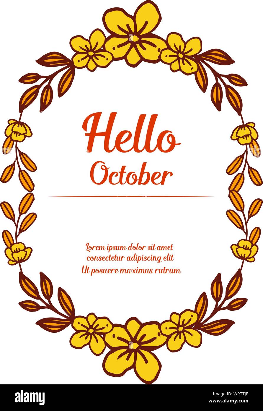 Text card hello october with hand drawing of autumn flower frame ...