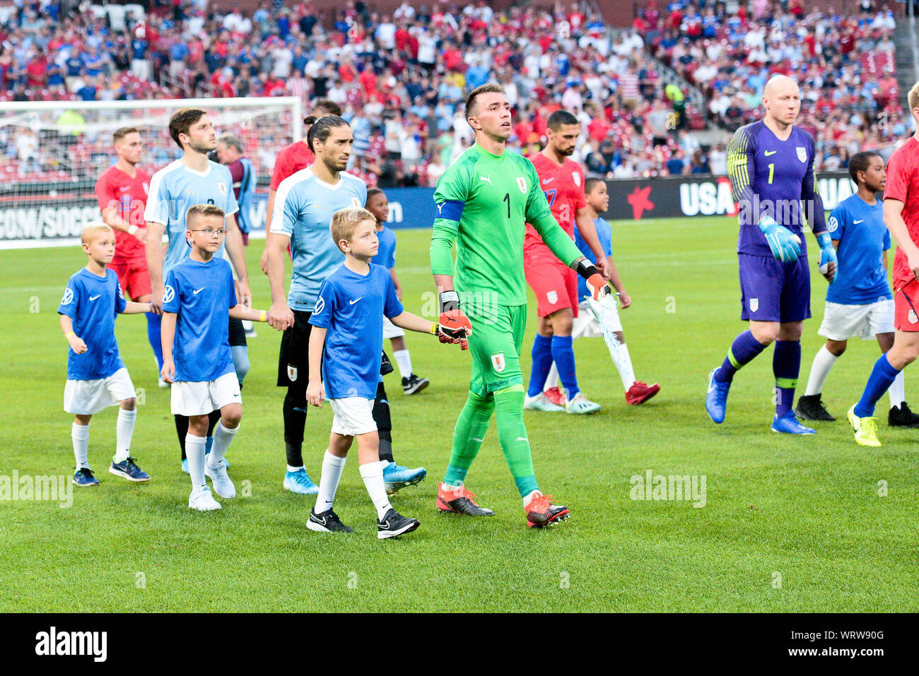 St. Louis, Missouri, USA. 10th Sep, 2019. Players take the field with their escorts for introductions during the final match before the Concacaf Nations League as the United States Men's National Team hosted Uruguay at Busch Stadium in St. Louis City, MO Ulreich/CSM/Alamy Live News Stock Photo