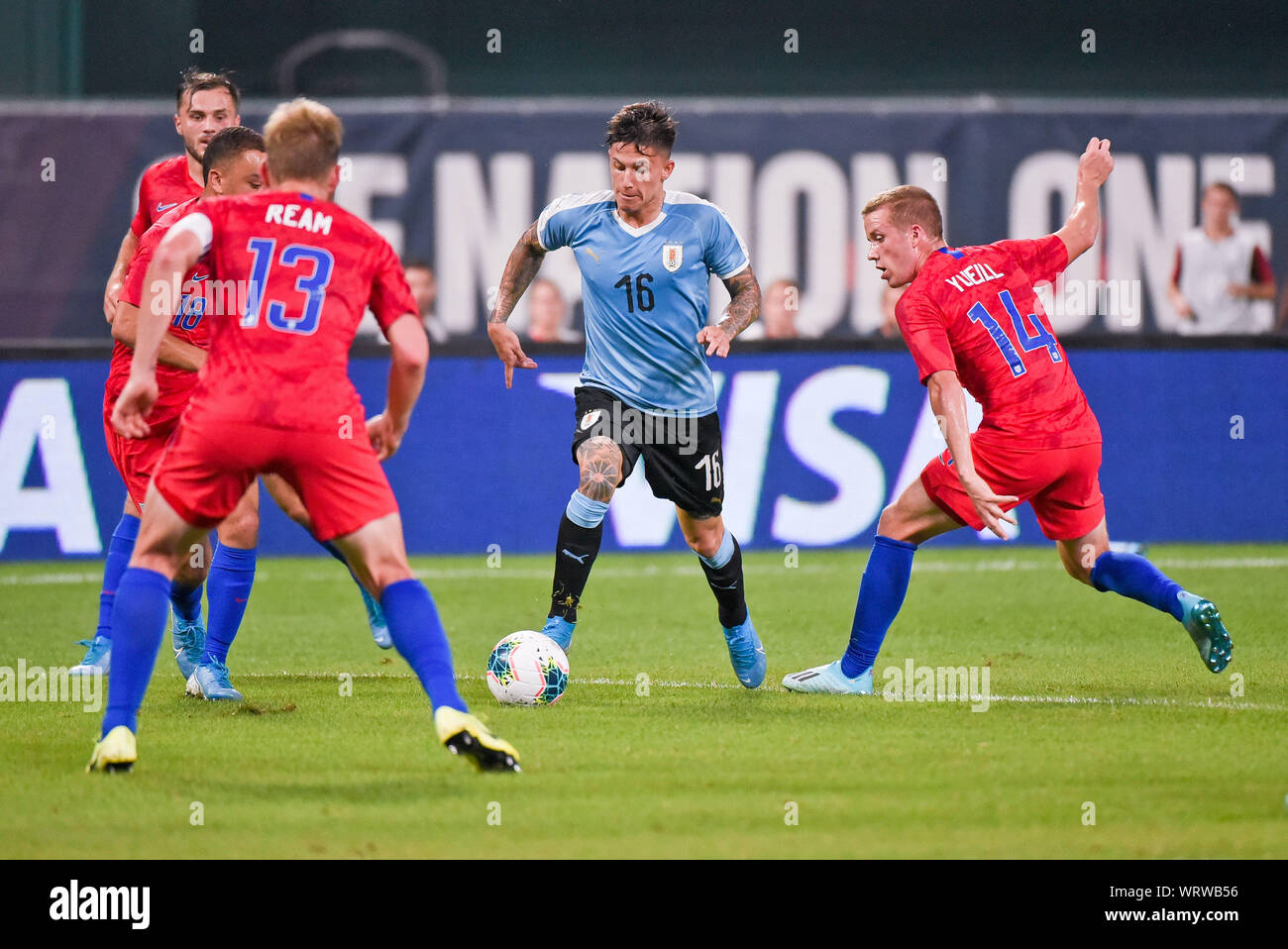 St. Louis, Missouri, USA. 10th Sep, 2019. Uruguay forward Brain Rodriquez (16) tries to get some open space between multiple US defenders during the final match before the Concacaf Nations League as the United States Men's National Team hosted Uruguay at Busch Stadium in St. Louis City, MO Ulreich/CSM/Alamy Live News Stock Photo