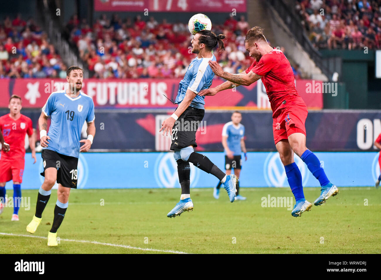 St. Louis, Missouri, USA. 10th Sep, 2019. Uruguay defender Martin Caceres (22) head the crossed ball out of danger during the final match before the Concacaf Nations League as the United States Men's National Team hosted Uruguay at Busch Stadium in St. Louis City, MO Ulreich/CSM/Alamy Live News Stock Photo