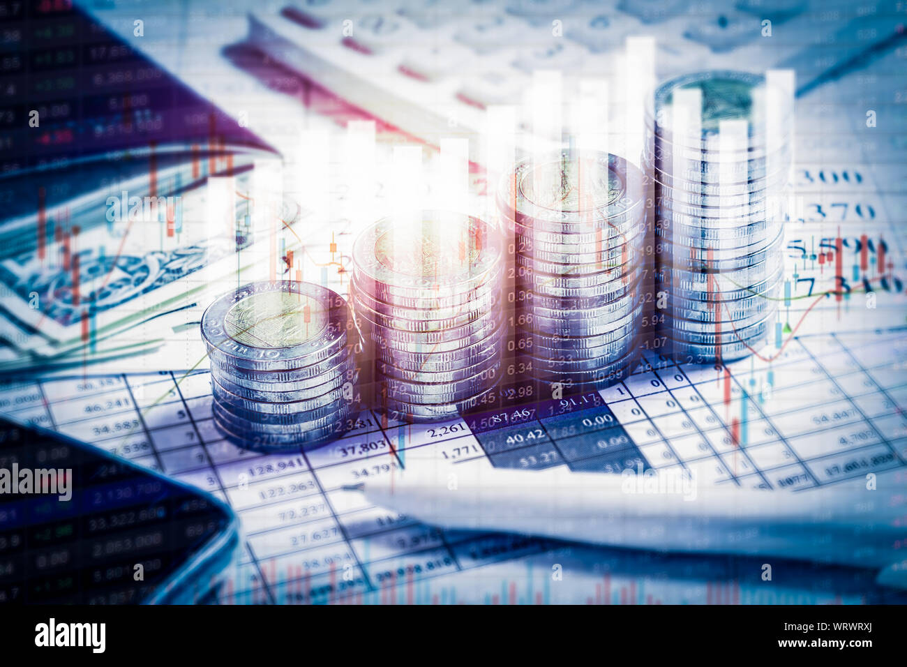 Double exposure Financial stock market in accounting market economy analysis. Digital stock exchange trade cost background with virtual graphic diagra Stock Photo